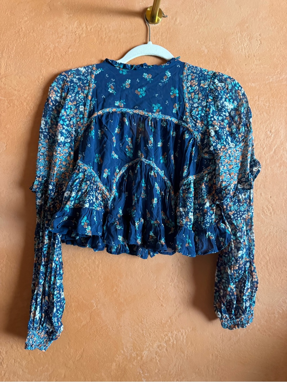 By Anthropologie Sheer Babydoll Floral Blouse Blue Size Small - Picture 8 of 10
